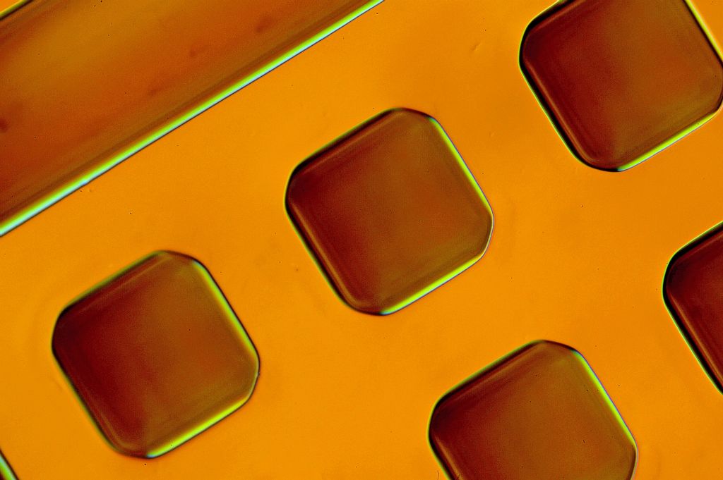A microscopic image of the tiny wells in a device made to analyze cellular chemistry. I used a special color technique to emphasize surface structure. Felice Frankel